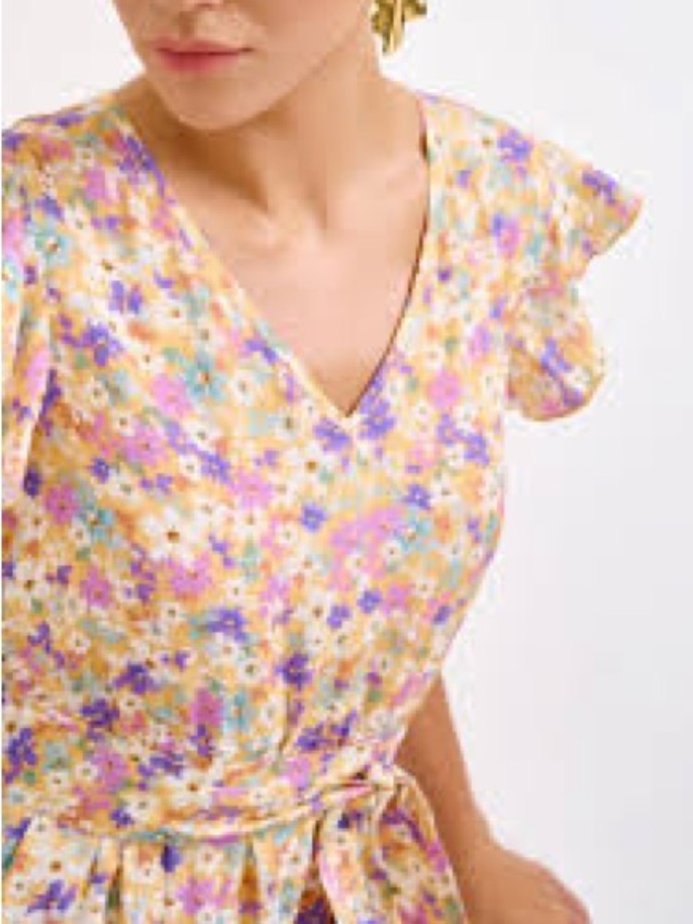 Alice Blue Yellow Floral V-Neck Midi Dress with Tie Waist